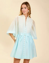 Carmen Mini Dress in Powder Ombré linen organza with mandarin collar, butterfly sleeves, bow waist detail, and fit-and-flare mini silhouette.