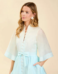 Carmen Mini Dress in Powder Ombré linen organza with mandarin collar, butterfly sleeves, bow waist detail, and fit-and-flare mini silhouette.