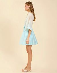 Carmen Mini Dress in Powder Ombré linen organza with mandarin collar, butterfly sleeves, bow waist detail, and fit-and-flare mini silhouette.
