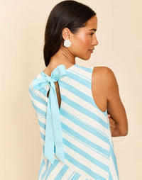 Cecily Sleeveless Convertible Mini Dress in Aegean Citrus with reversible lemon and stripe prints, swing-fit silhouette, and finished hem.