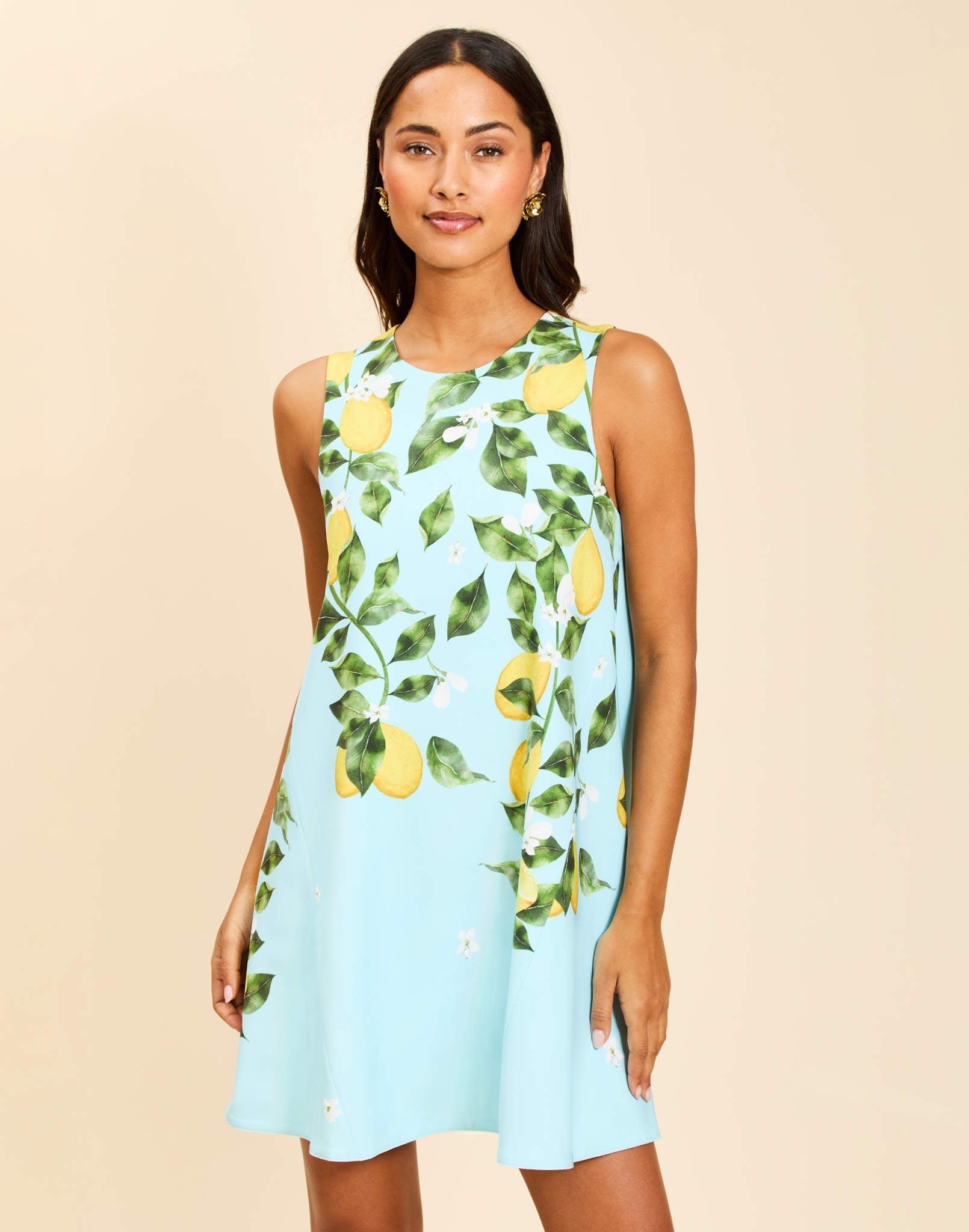 Cecily Sleeveless Convertible Mini Dress in Aegean Citrus with reversible lemon and stripe prints, swing-fit silhouette, and finished hem.