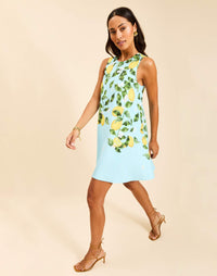 Cecily Sleeveless Convertible Mini Dress in Aegean Citrus with reversible lemon and stripe prints, swing-fit silhouette, and finished hem.