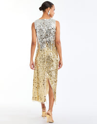 Celestina Sequin Tea Length Dress in Champagne Ombre back – sleeveless ombre sequin evening dress with crew neckline, organza hem, and column silhouette by Mestiza New York.