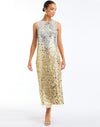 Celestina Sequin Tea Length Dress in Champagne Ombre front – sleeveless ombre sequin evening dress with crew neckline, organza hem, and column silhouette by Mestiza New York.