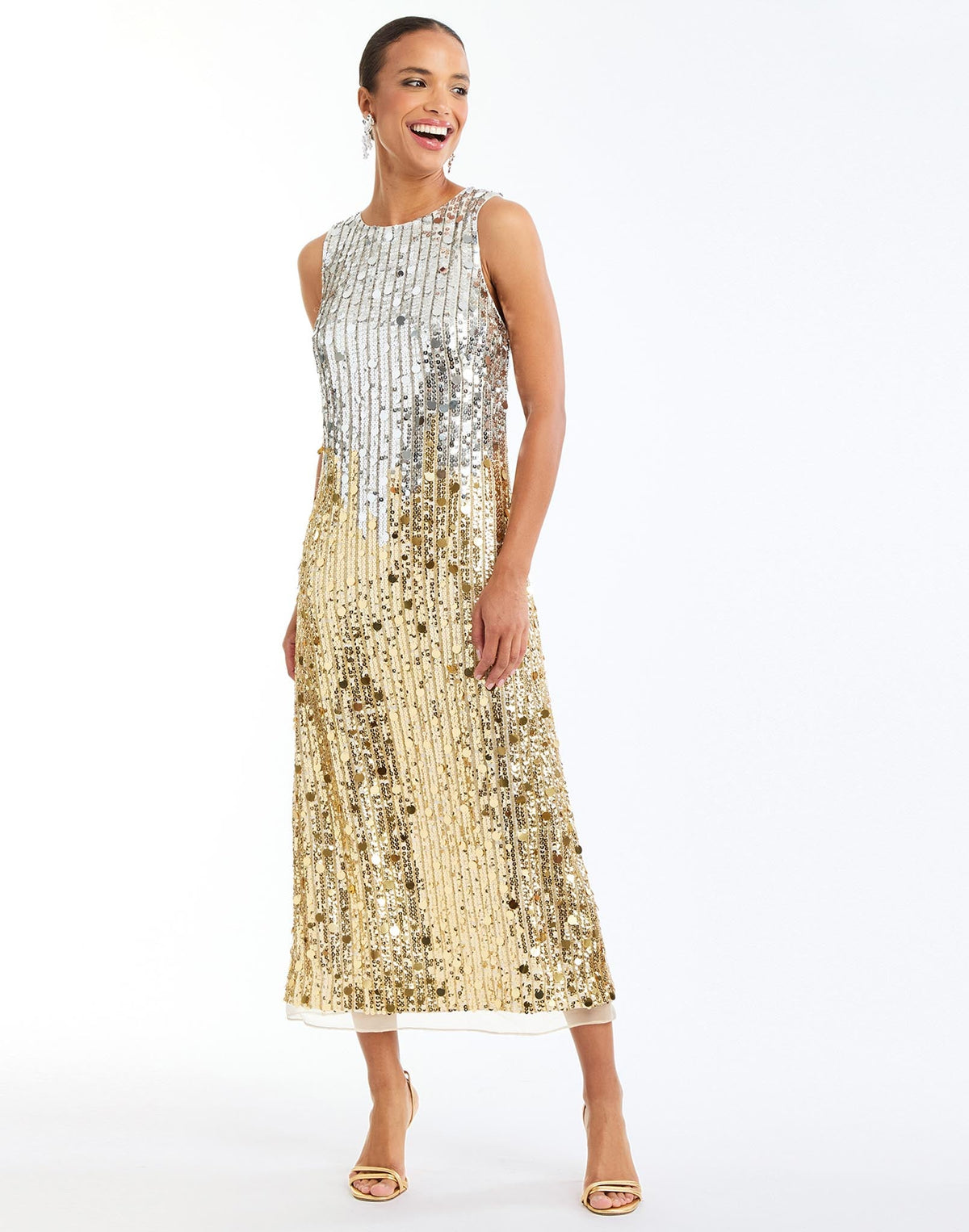 Celestina Sequin Tea Length Dress in Champagne Ombre front – sleeveless ombre sequin evening dress with crew neckline, organza hem, and column silhouette by Mestiza New York.