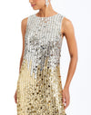Celestina Sequin Tea Length Dress in Champagne Ombre detail – sleeveless ombre sequin evening dress with crew neckline, organza hem, and column silhouette by Mestiza New York.