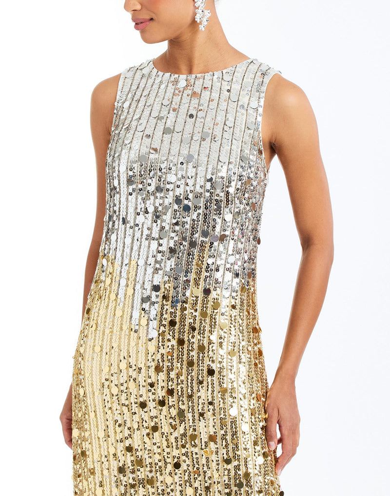 Celestina Sequin Tea Length Dress in Champagne Ombre detail – sleeveless ombre sequin evening dress with crew neckline, organza hem, and column silhouette by Mestiza New York.