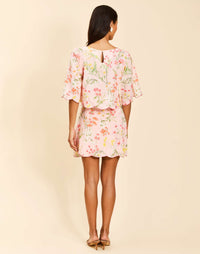 Charlize Top in Rose Vines linen with boat neckline, embroidered scalloped hem, wide bell sleeves, and relaxed silhouette.