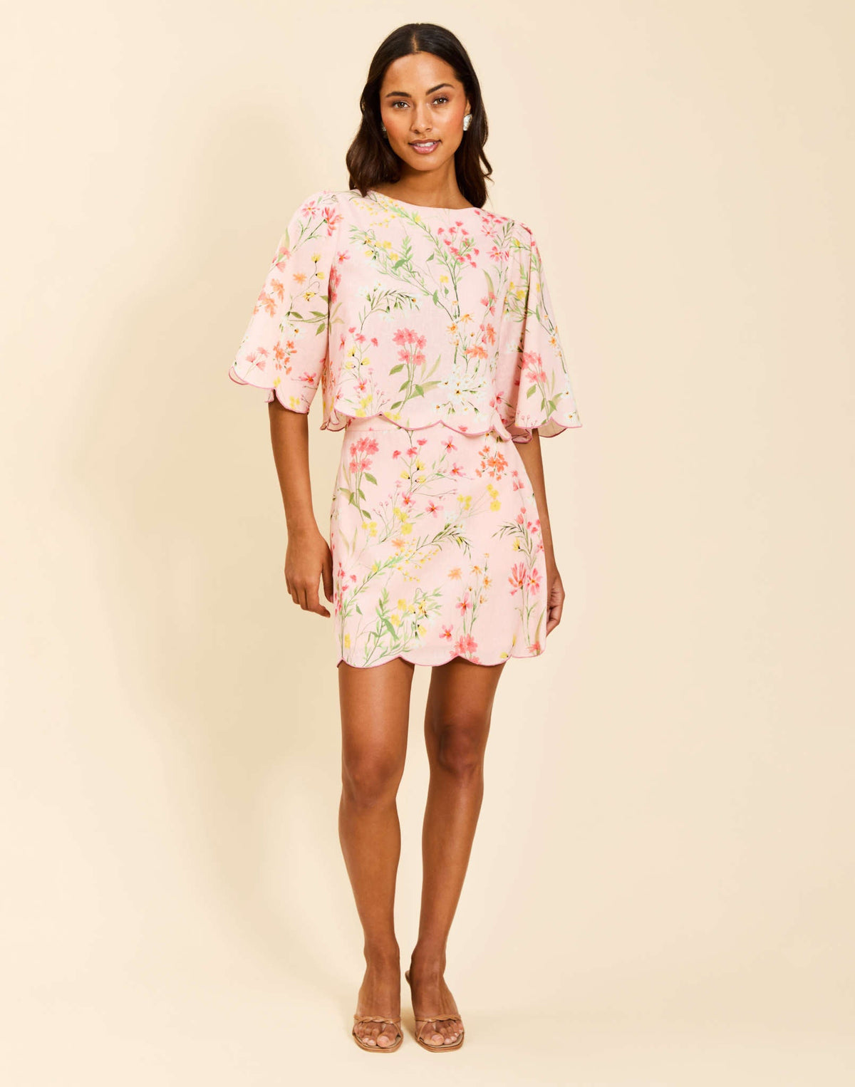 Charlize Top in Rose Vines linen with boat neckline, embroidered scalloped hem, wide bell sleeves, and relaxed silhouette.