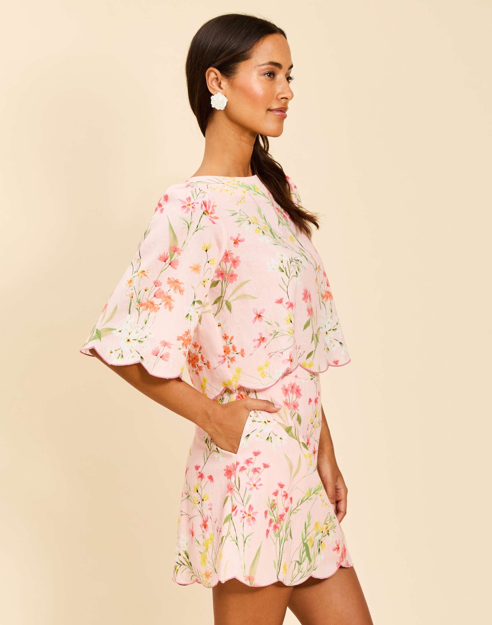 Charlize Top in Rose Vines linen with boat neckline, embroidered scalloped hem, wide bell sleeves, and relaxed silhouette.