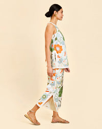 Judah Cropped Pant in Groovy Florals linen with high waist, ivory banding, cropped length, and tailored silhouette.