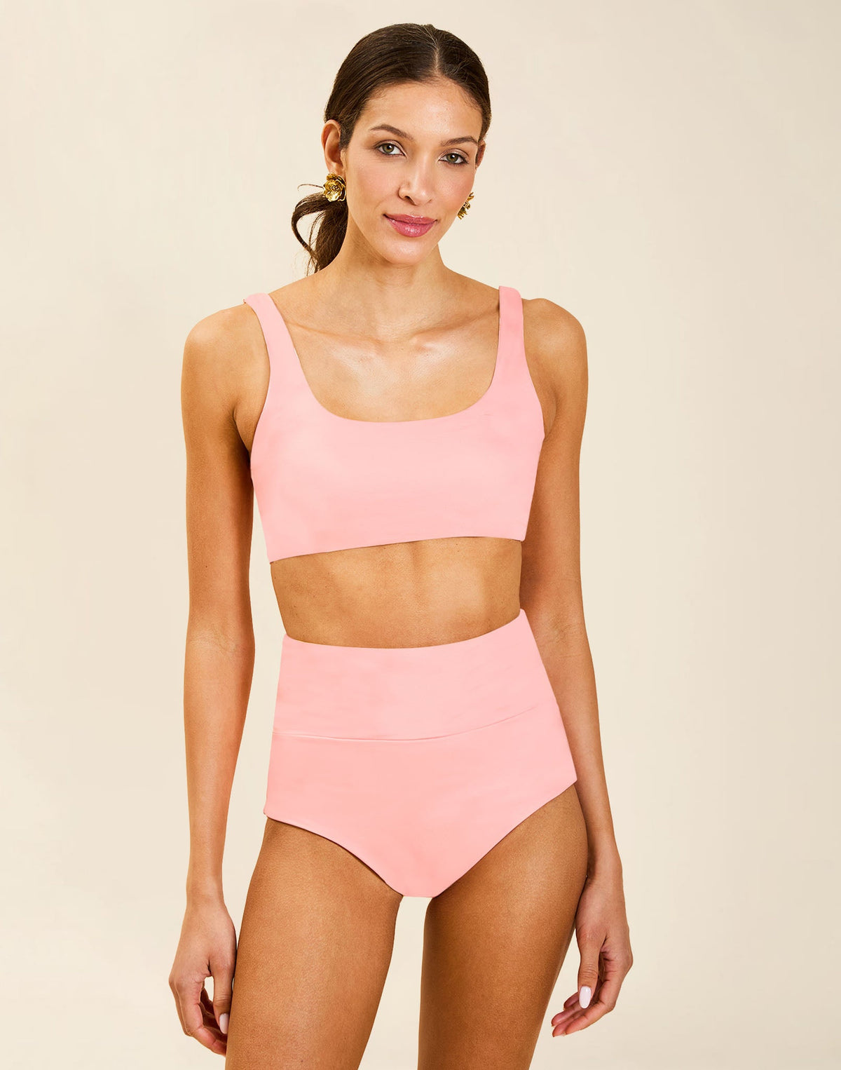 Model wearing Corinna Convertible Bikini Top in Florentine Blush, reversible solid to flourish print with straight neckline.