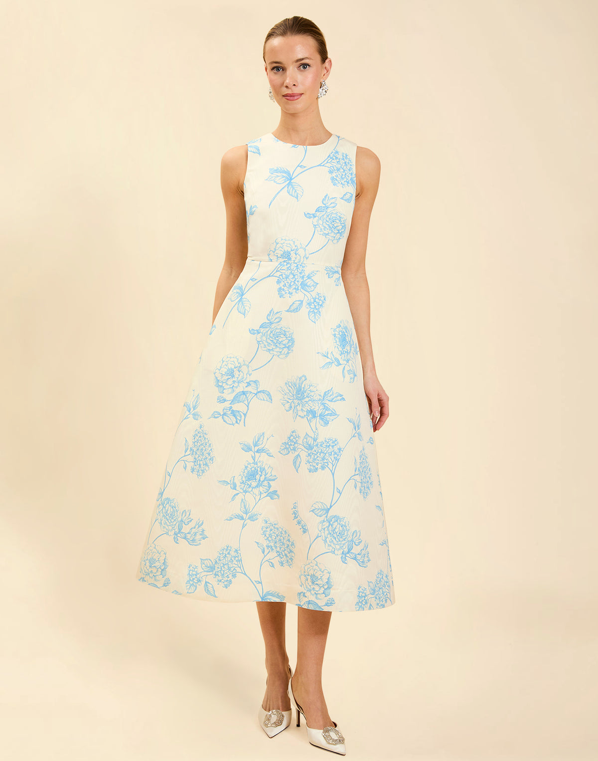 Cristobal Midi Dress in Powder Batiste moiré with crew neckline, sleeveless bodice, full A-line midi skirt, and hidden side pockets.