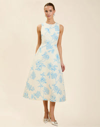 Cristobal Midi Dress in Powder Batiste moiré with crew neckline, sleeveless bodice, full A-line midi skirt, and hidden side pockets.
