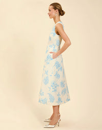Cristobal Midi Dress in Powder Batiste moiré with crew neckline, sleeveless bodice, full A-line midi skirt, and hidden side pockets.