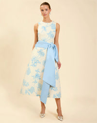 Cristobal Midi Dress in Powder Batiste moiré with crew neckline, sleeveless bodice, full A-line midi skirt, and hidden side pockets.
