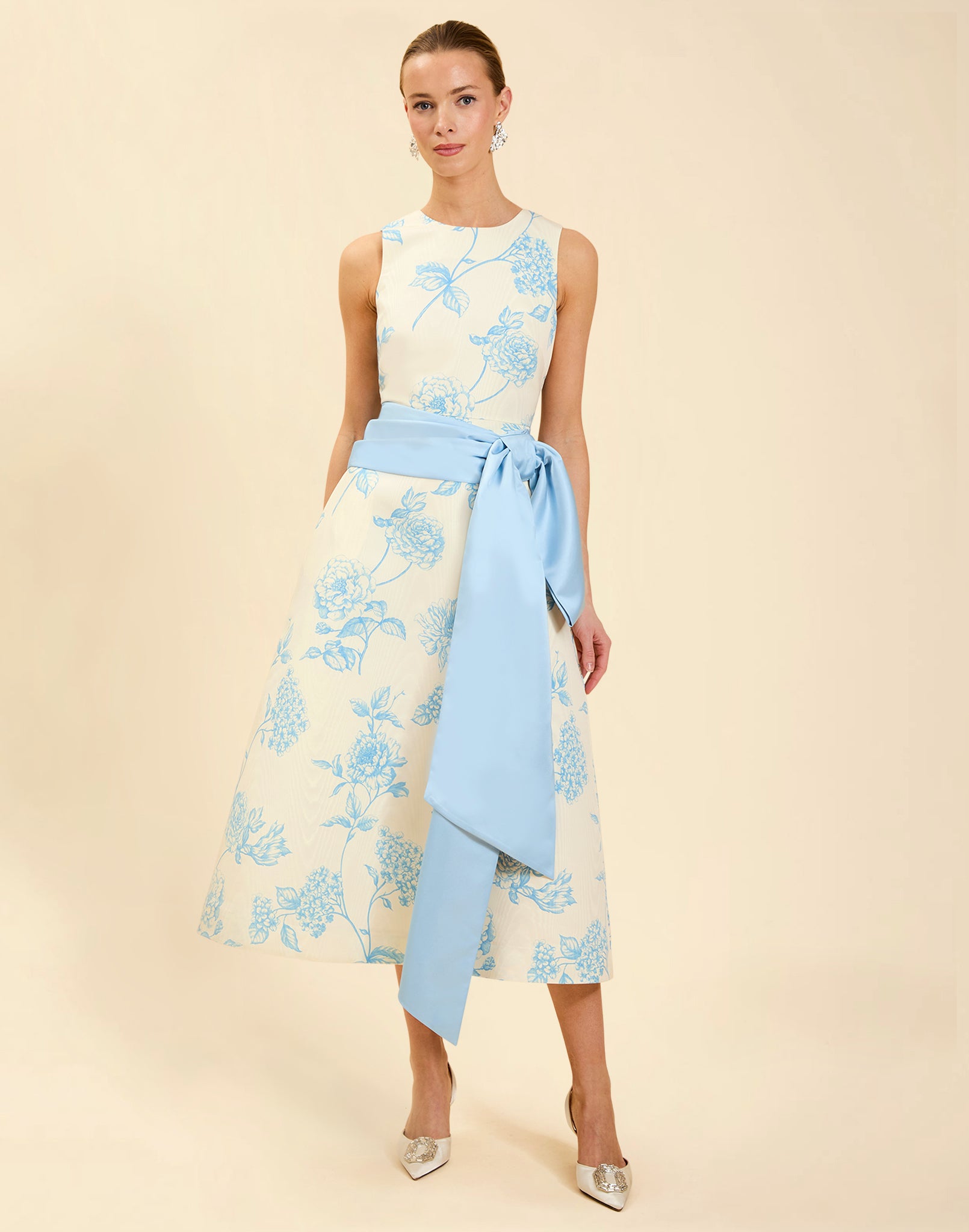 Cristobal Midi Dress in Powder Batiste moiré with crew neckline, sleeveless bodice, full A-line midi skirt, and hidden side pockets.