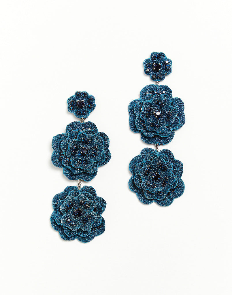 Hand beaded navy floral drop earrings with post