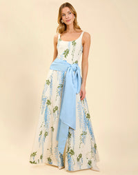 Darcy Bow Belt in Powder Blue taffeta with oversized bow, elongated asymmetrical tails, pleated waist seams, and hidden adjustable closure.