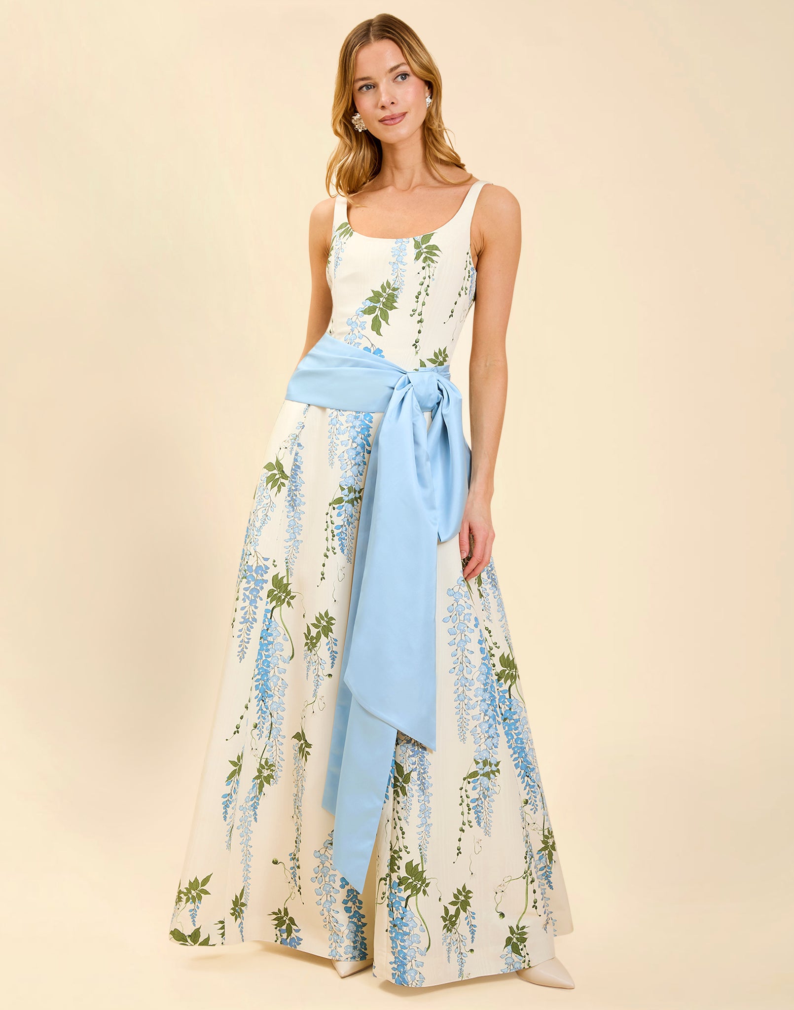 Darcy Bow Belt in Powder Blue taffeta with oversized bow, elongated asymmetrical tails, pleated waist seams, and hidden adjustable closure.