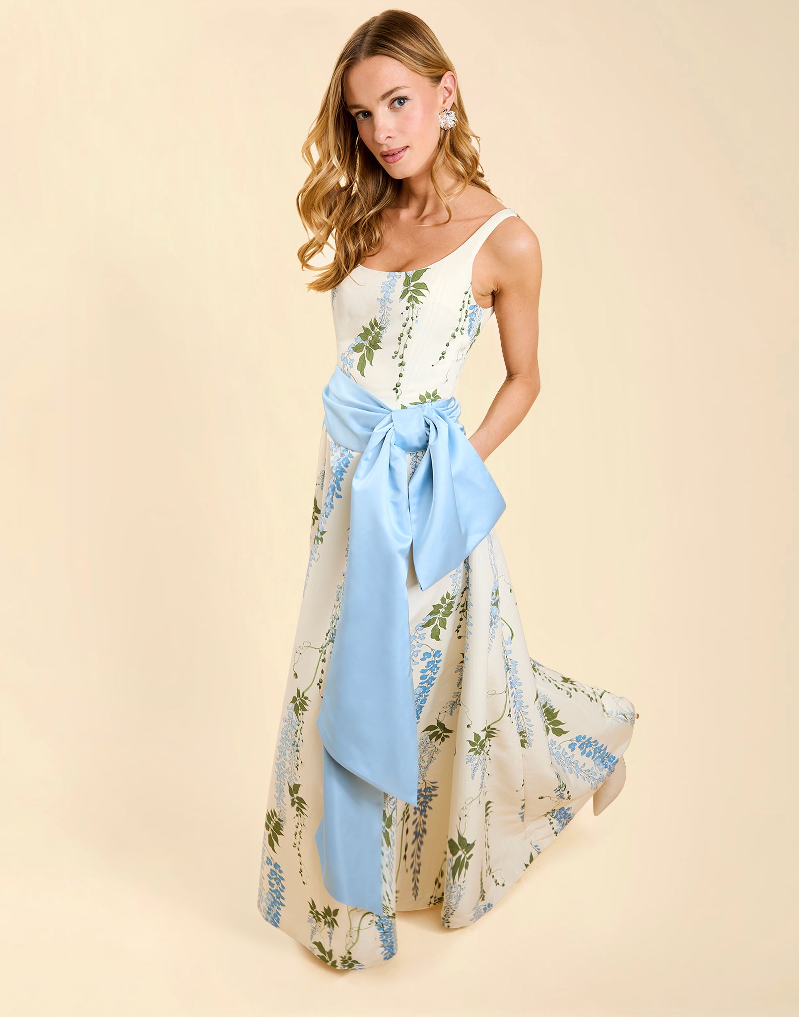 Darcy Bow Belt in Powder Blue taffeta with oversized bow, elongated asymmetrical tails, pleated waist seams, and hidden adjustable closure.