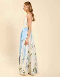Amanda Gown in Wisteria Toile moiré with deep scoop neckline, sleeveless bodice, A-line silhouette, and hidden side pockets.