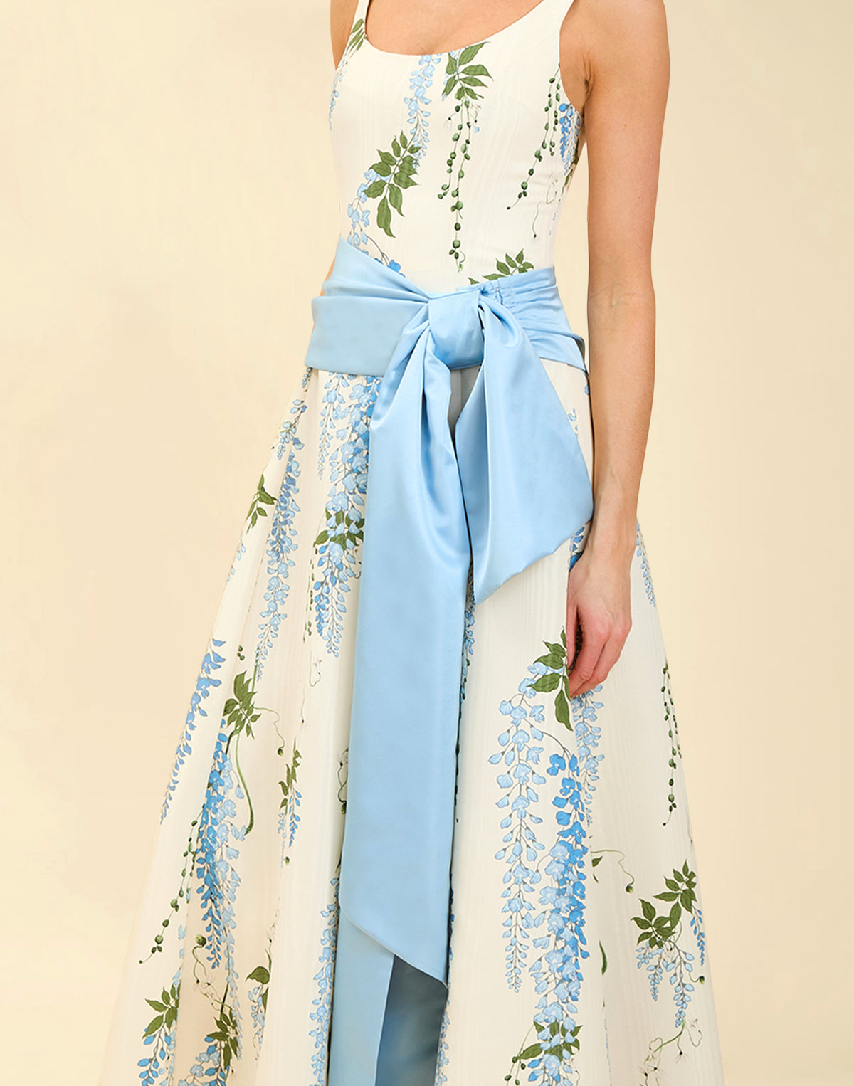Darcy Bow Belt in Powder Blue taffeta with oversized bow, elongated asymmetrical tails, pleated waist seams, and hidden adjustable closure.