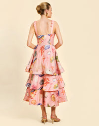 Darling Convertible Midi Dress in Seashell Symphony linen with strappy bodice, removable tiers, and convertible midi-to-mini silhouette.