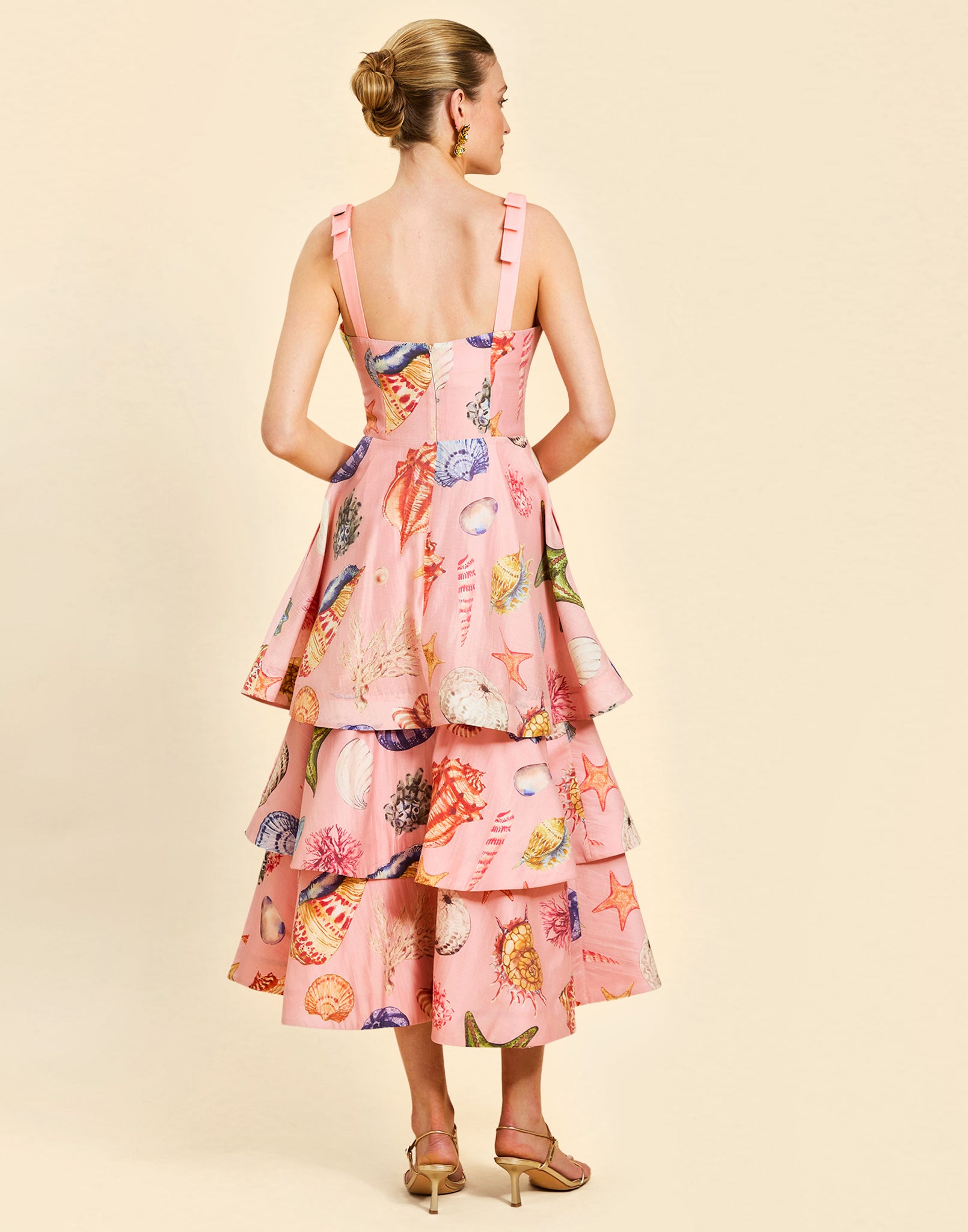 Darling Convertible Midi Dress in Seashell Symphony linen with strappy bodice, removable tiers, and convertible midi-to-mini silhouette.