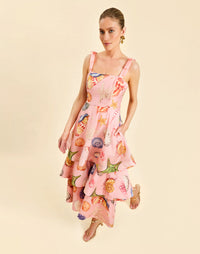 Darling Convertible Midi Dress in Seashell Symphony linen with strappy bodice, removable tiers, and convertible midi-to-mini silhouette.