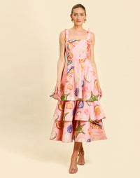 Darling Convertible Midi Dress in Seashell Symphony linen with strappy bodice, removable tiers, and convertible midi-to-mini silhouette.