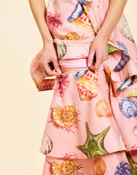 Darling Convertible Midi Dress in Seashell Symphony linen with strappy bodice, removable tiers, and convertible midi-to-mini silhouette.