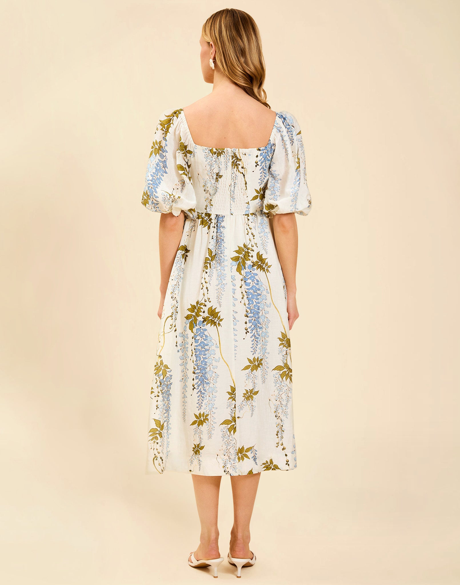 Delphine Midi Dress in Wisteria Toile with square neckline, puff sleeves, fitted bodice with back smocking, and elegant midi silhouette.