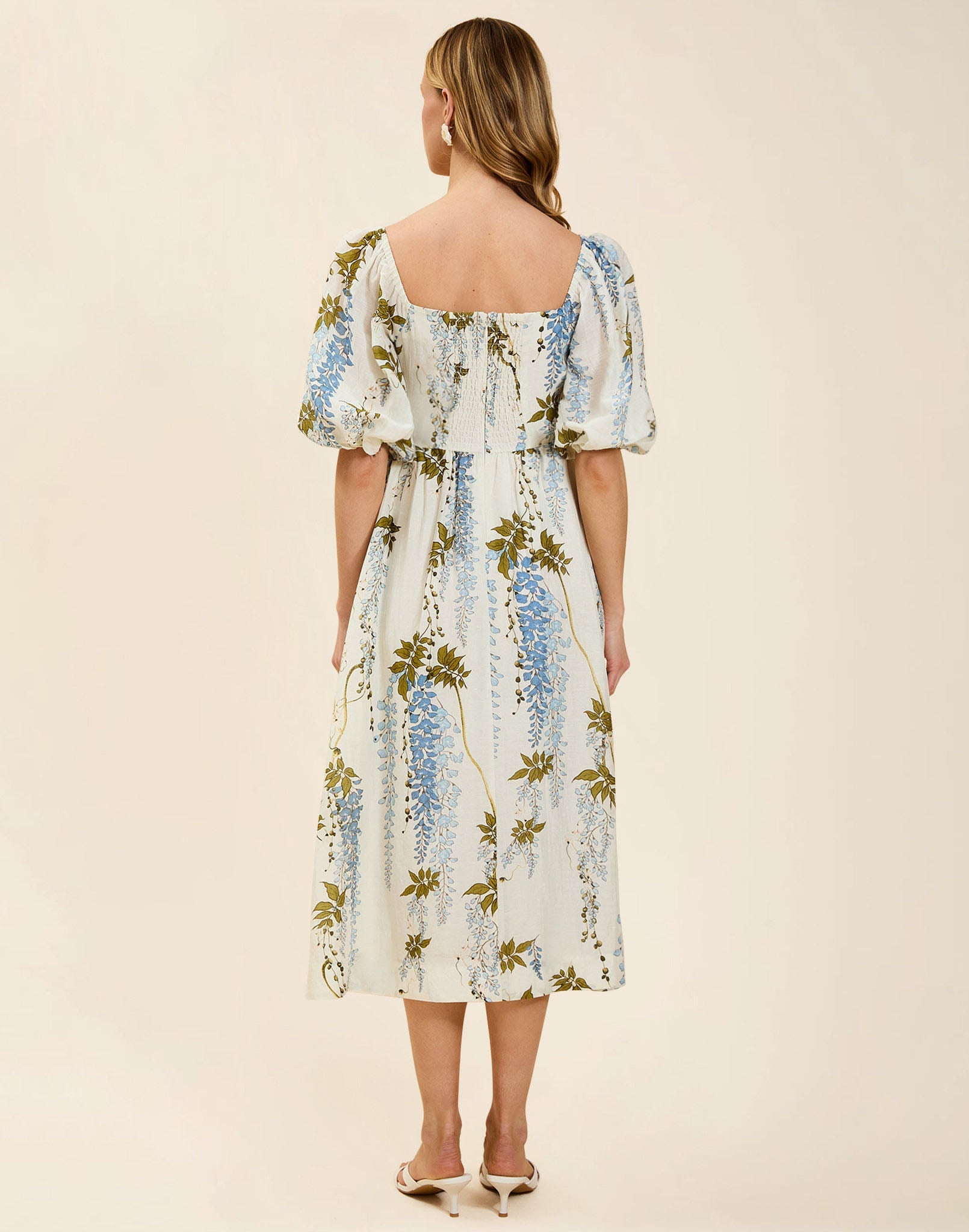 Delphine Midi Dress in Wisteria Toile with square neckline, puff sleeves, fitted bodice with back smocking, and elegant midi silhouette.