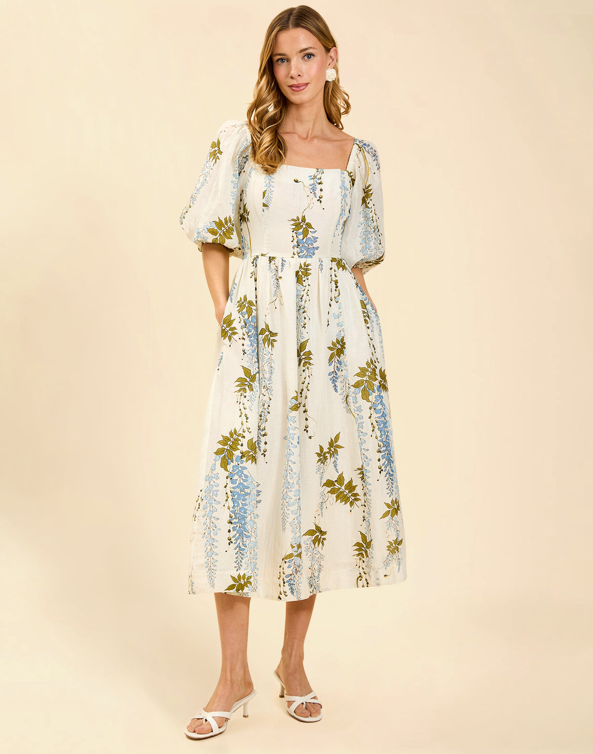 Delphine Midi Dress in Wisteria Toile with square neckline, puff sleeves, fitted bodice with back smocking, and elegant midi silhouette.