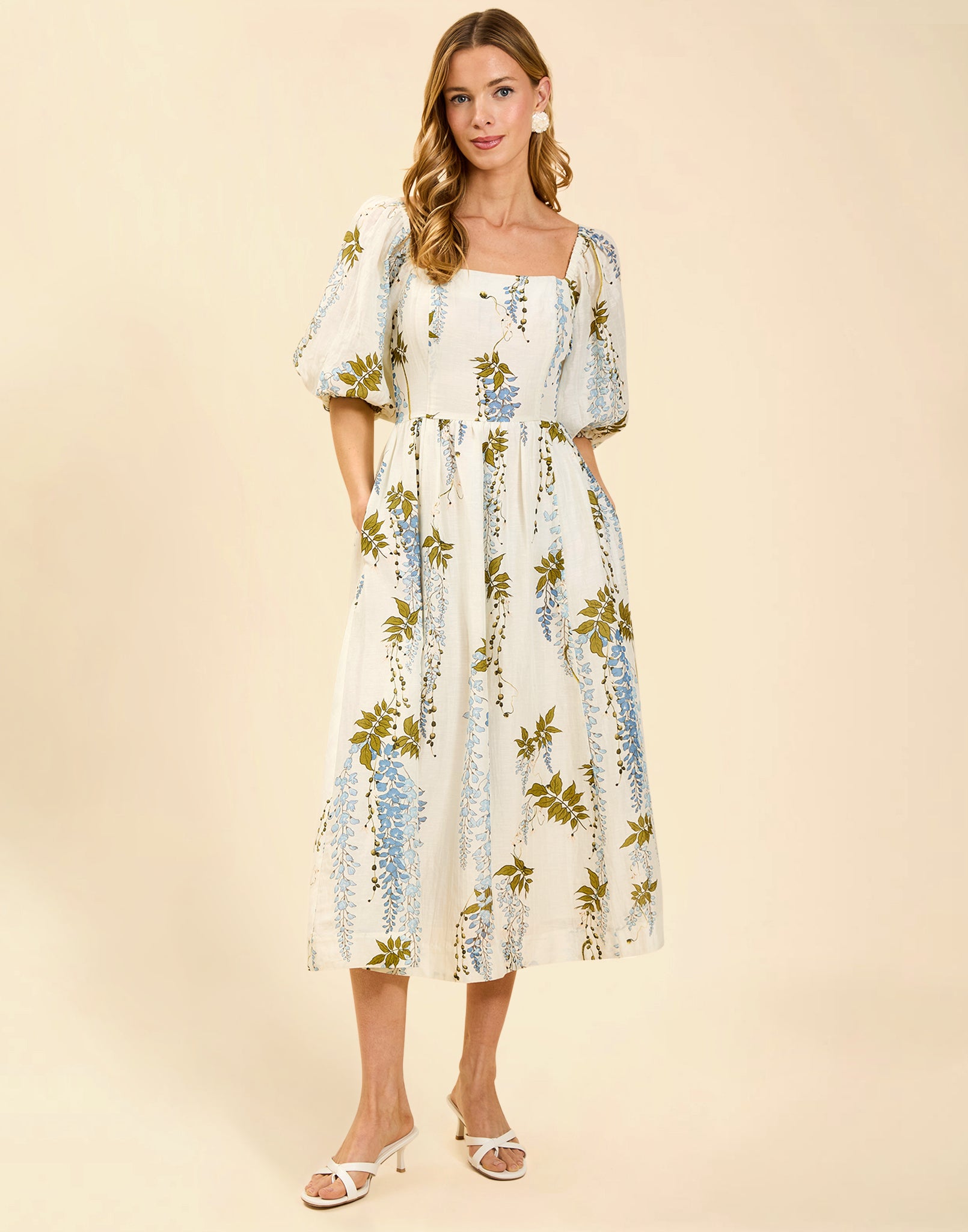 Delphine Midi Dress in Wisteria Toile with square neckline, puff sleeves, fitted bodice with back smocking, and elegant midi silhouette.