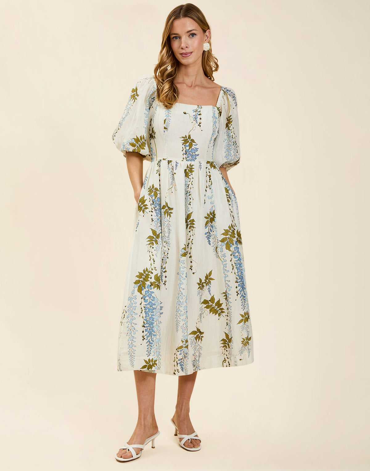 Delphine Midi Dress in Wisteria Toile with square neckline, puff sleeves, fitted bodice with back smocking, and elegant midi silhouette.