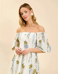 Delphine Midi Dress in Wisteria Toile with square neckline, puff sleeves, fitted bodice with back smocking, and elegant midi silhouette.