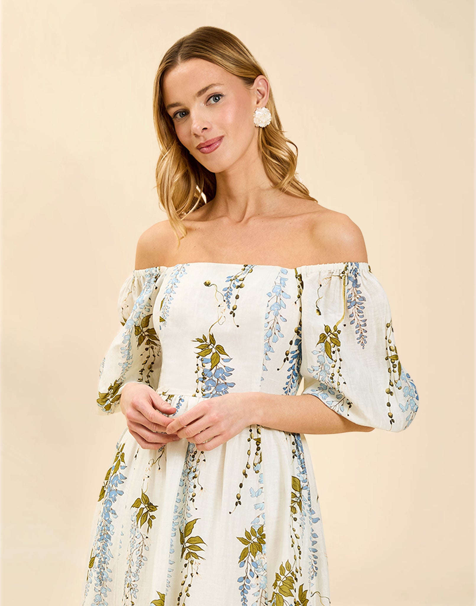 Delphine Midi Dress in Wisteria Toile with square neckline, puff sleeves, fitted bodice with back smocking, and elegant midi silhouette.
