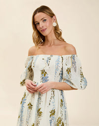 Delphine Midi Dress in Wisteria Toile with square neckline, puff sleeves, fitted bodice with back smocking, and elegant midi silhouette.