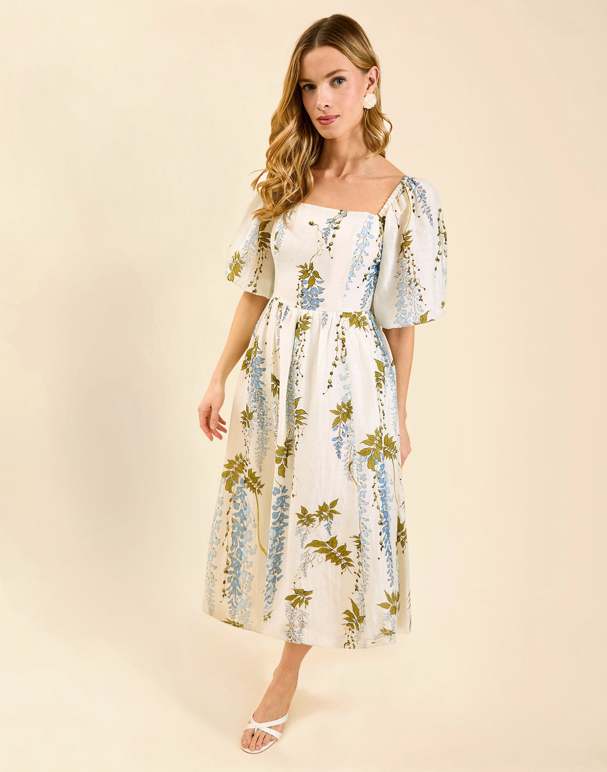 Delphine Midi Dress in Wisteria Toile with square neckline, puff sleeves, fitted bodice with back smocking, and elegant midi silhouette.