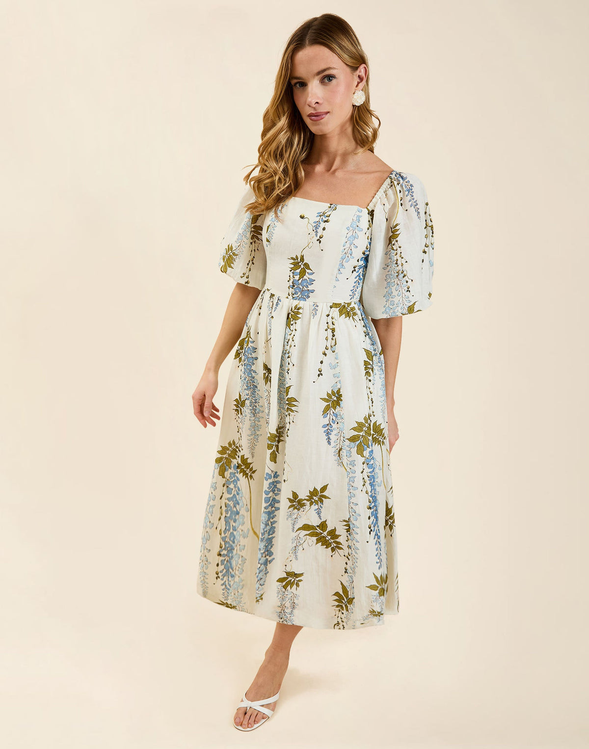 Delphine Midi Dress in Wisteria Toile with square neckline, puff sleeves, fitted bodice with back smocking, and elegant midi silhouette.