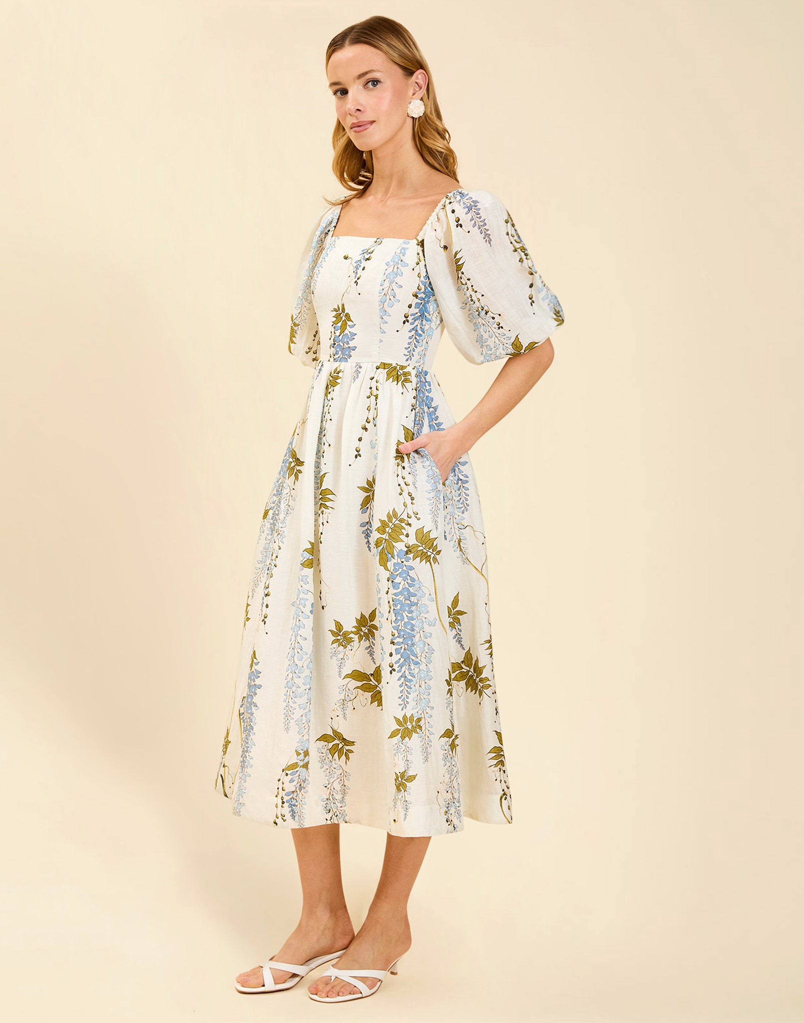 Delphine Midi Dress in Wisteria Toile with square neckline, puff sleeves, fitted bodice with back smocking, and elegant midi silhouette.