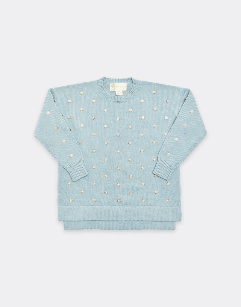 Pale blue crew neck knit sweater with floral shaped pearl embellishments.