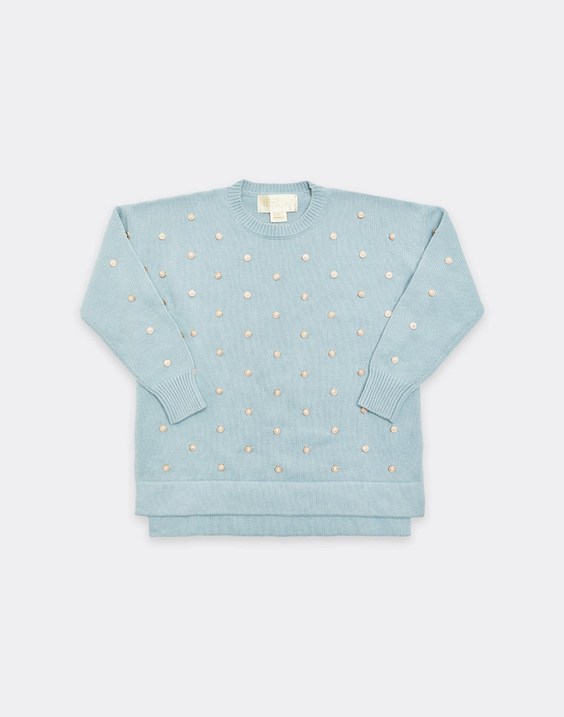 Pale blue crew neck knit sweater with floral shaped pearl embellishments.