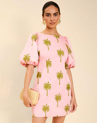 Woman wearing the Mestiza Donovan Mini Dress in English Rose, featuring a boat neckline, embroidered cotton poplin fabrication, fitted waist, balloon sleeves, subtle A-line skirt, and side seam pockets.