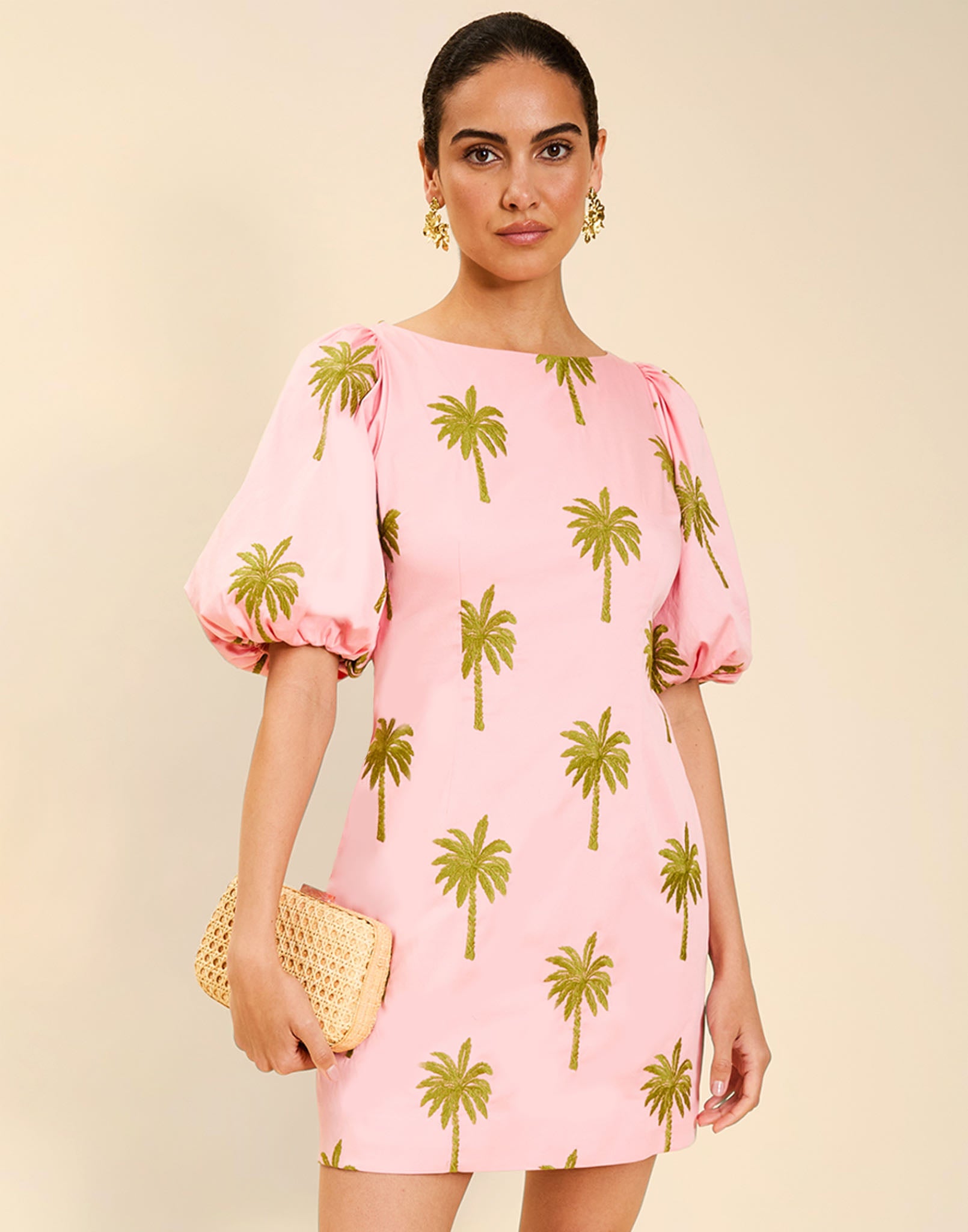 Woman wearing the Mestiza Donovan Mini Dress in English Rose, featuring a boat neckline, embroidered cotton poplin fabrication, fitted waist, balloon sleeves, subtle A-line skirt, and side seam pockets.