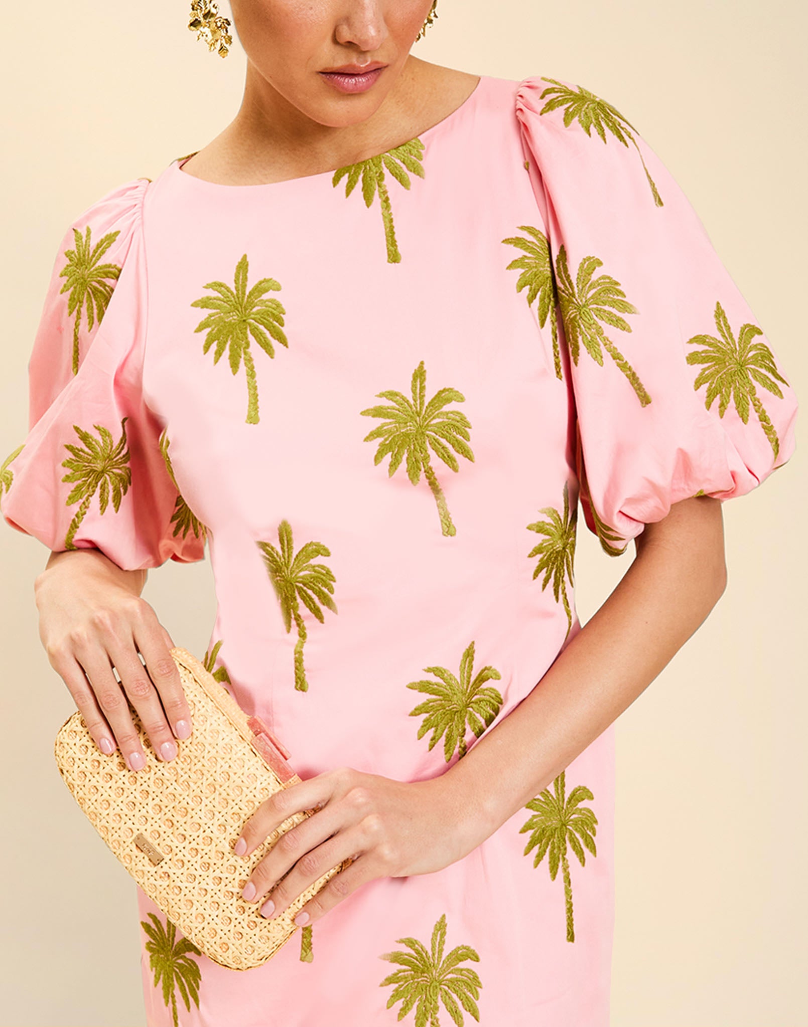 Woman wearing the Mestiza Donovan Mini Dress in English Rose, featuring a boat neckline, embroidered cotton poplin fabrication, fitted waist, balloon sleeves, subtle A-line skirt, and side seam pockets.