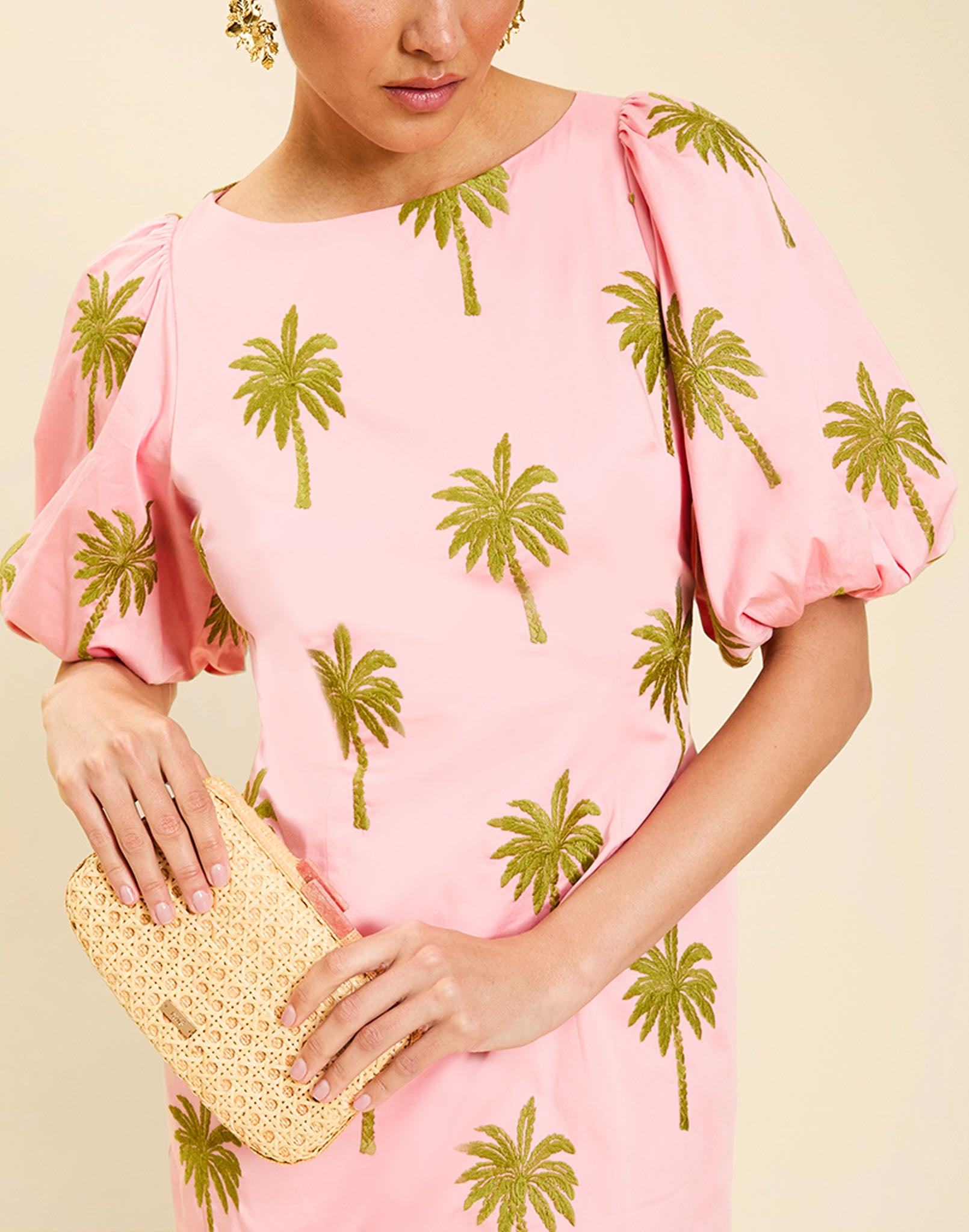 Woman wearing the Mestiza Donovan Mini Dress in English Rose, featuring a boat neckline, embroidered cotton poplin fabrication, fitted waist, balloon sleeves, subtle A-line skirt, and side seam pockets.