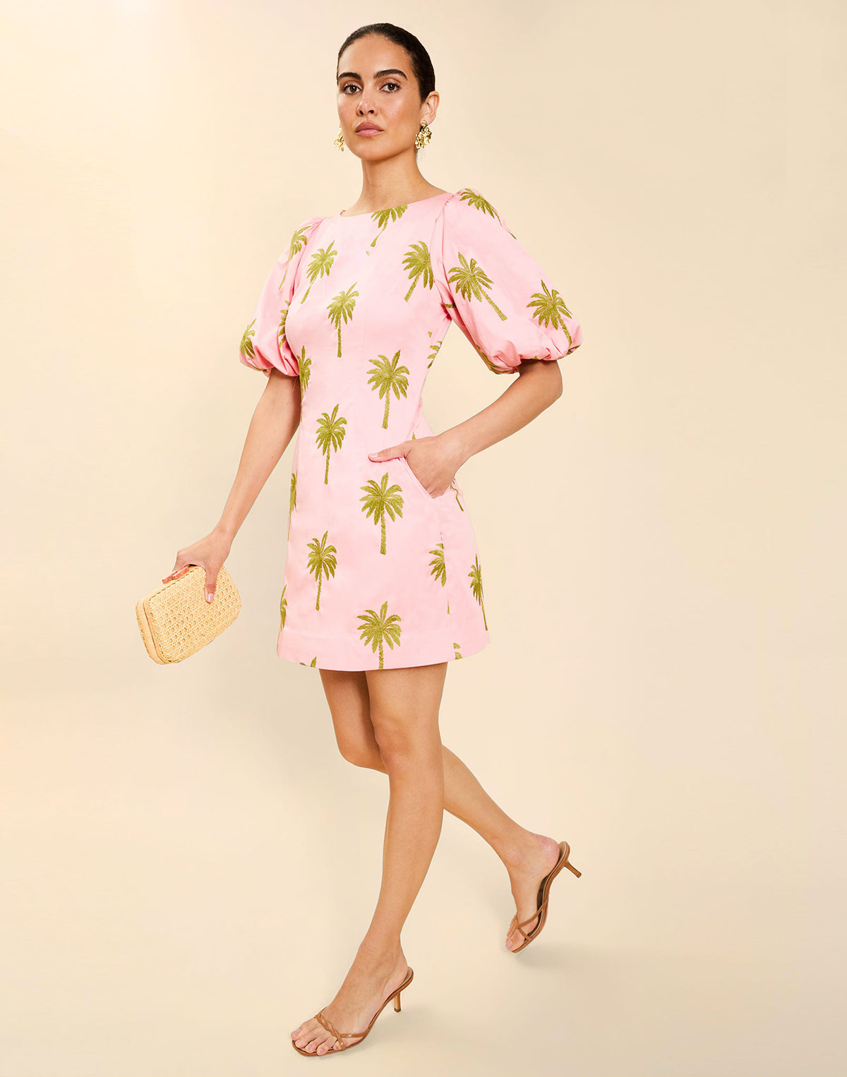 Woman wearing the Mestiza Donovan Mini Dress in English Rose, featuring a boat neckline, embroidered cotton poplin fabrication, fitted waist, balloon sleeves, subtle A-line skirt, and side seam pockets.